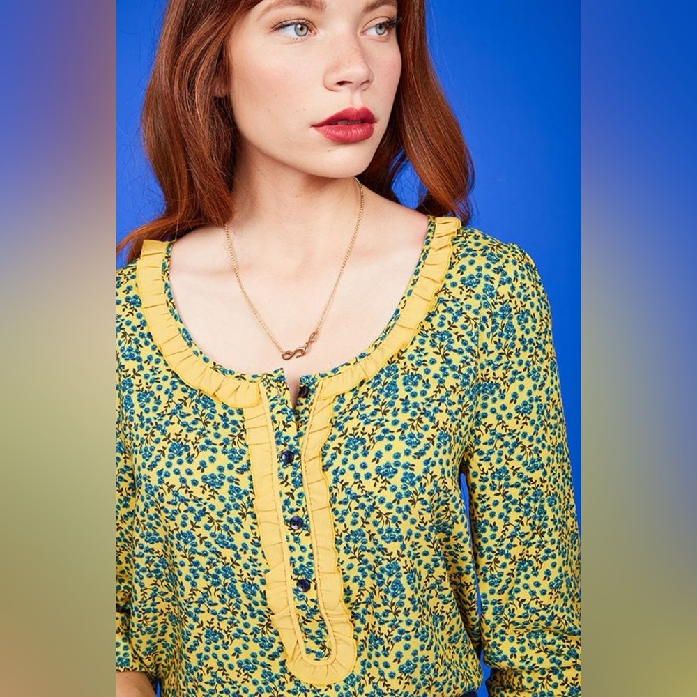 Modcloth Yellow & Blue Floral Button-Up Ruffle Collar Long Sleeve Whimsy Blouse